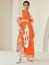 economico abito casual stampato-abito lungo da vacanza in stile bohémien con stampa geometrica e scollo a V
