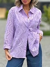 voordelige Kant Tops-dames blouse stijlvol effen kleur uitgehold lange mouw normale tops overhemdkraag dagelijks wit rood paars groen lente herfst