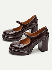 cheap 1950s-Women&#039;s Brown Patent Leather Mary Jane Block Heel Pumps with Brogue Detailing - Vintage-Inspired Dress Shoes for Office and Evening Wear