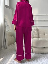 voordelige Nachtkleding voor dames-dames pyjama sets pure kleur mode comfort thuis dagelijks bed imitatie zijde zijde ademend revers lange mouw shirt broek knoop zak herfst thuis outfits