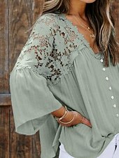 cheap Lace Tops-Women&#039;s White Elegant Lace Tops Eyelet Blouse Stylish Modern Lace Bell Sleeve 3/4 Length Sleeve V Neck Work Daily Black White Purple Green Spring Fall