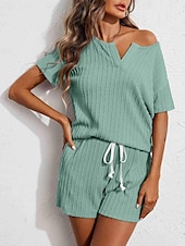abordables Conjunto de pijama-Conjunto de pijama para mujer, color puro, informal, cómodo, para el hogar, uso diario, licra, cómodo, con escote en V, manga corta, pantalón, cintura elástica, conjuntos de verano para el hogar