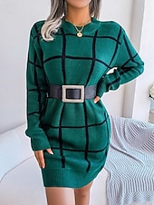 baratos Vestidos de malha-Mulheres Suéter Elegante Moda Geométrica Gola Redonda Imprimir Manga Longa Tops regulares Tricotar Trabalho Diário Amarelo Verde Outono Inverno