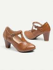 billige Pumps med blokkhæl-Dame Høye hæler Høyhælte Pen sko Mary Jane Store størrelser Avslappet Daglig Helfarge Ensfarget Spenne Tykk hæl Årgang Retro Rød Fritid Gange PU Lær PU T-stropp Svart Gul Rød