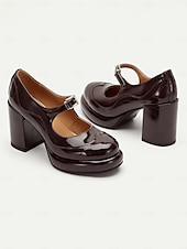 cheap 1950s-Women&#039;s Brown Patent Leather Mary Jane Block Heel Pumps with Brogue Detailing - Vintage-Inspired Dress Shoes for Office and Evening Wear