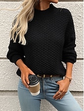 abordables Couleurs unies-Femme Pull Chandail Décontractées Flexible Couleur unie Col montant Texturé manche longue Hauts réguliers Tricoter Extérieur Travail du quotidien Noir Blanche Automne Hiver