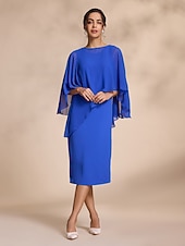 abordables Bodas y eventos-Vestido de gasa azul casual de 2 piezas con mangas redondas y corte midi para madre de la novia, vestido para impresionar 2024