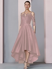 ieftine Lungimea ceaiului-Rochie A-Line pentru mama miresei Rochie elegantă pentru invitați în stil înalt și jos gât rotund asimetrică lungime ceai din satin dantelă mânecă 3/4 cu pliseuri broderie 2025 mărime personalizată