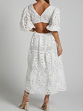 abordables Robes en dentelle blanche-Femmes Mini Robe Robe Blanche Robe trapèze Robe bohème Élégant Manches bouffantes robe demoiselle d honneur Date Coupe régulière Couleur Unie Uni Demi Manches Col en V Noir Blanche Jaune Bleu Été