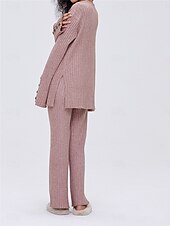 billiga Sovkläder till damer-pyjamasset för kvinnor ren färg mode grundläggande komfort hem daglig säng stickad andas v wire långärmad tröja byxknapp resår midja höst vinter hem outfits