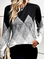 abordables Camiseta a rayas y geométrica-Camiseta de mujer con estampado casual, manga larga, cuello redondo, uso diario, color negro, primavera y otoño