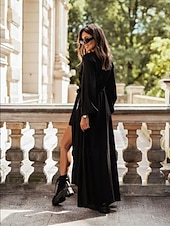 voordelige Vrouwen zwarte jurk-Dames Zwarte jurk Maxi-jurk Veters Gespleten dij Casual V-hals Lange mouw Zwart Wit Blozend Roze Kleur