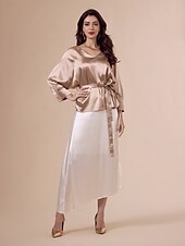 baratos Blusas e Camisas-blusa elegante decote em v com cinto dourado de cetim