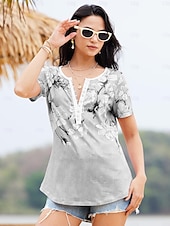 cheap Floral tee-Women&#039;s T Shirt Henley Shirt Floral Vintage Tunic Short Sleeve V Neck Regular Tops Casual Daily Print Red Green Gray