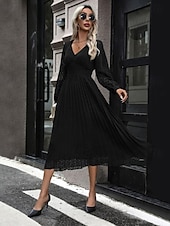 billige Arbeidskjoler-Dame Vanlig kjole Midikjole Netting Lapper Elegant Årgang V-hals Langermet Svart Blå Farge