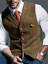  gilet da uomo in tweed, gilet, moda vintage, primavera e autunno, bottoni, misto lana, comodo, semplice, monopetto, scollo a V, vestibilità regolare, verde scuro, blu navy, grigio scuro, grigio chiaro.
