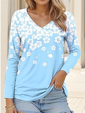 ieftine tricou floral-Tricou tunică pentru femei modă casual imprimeu mânecă lungă topuri obișnuite guler în V zilnic roz albastru violet portocaliu primăvară toamnă