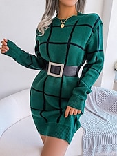 baratos Vestidos de malha-Mulheres Suéter Elegante Moda Geométrica Gola Redonda Imprimir Manga Longa Tops regulares Tricotar Trabalho Diário Amarelo Verde Outono Inverno