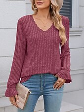billige Kvinne Enkle Topper-damebluse stilig moderne ensfarget blonder patchwork klokkeermet lange ermer vanlige topper v-halsarbeid daglig rød blå lys grå høst vinter