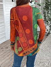 tanie T-shirt boho-damska koszulka vintage etniczna casual print długi rękaw długie topy okrągły dekolt codzienny czerwony fioletowy zielony jesień zima