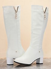 cheap Fashion Boots-Women&#039;s White Knee-High Boots with Pearl Detailing - Elegant Footwear for Winter, Office, and Special Occasions