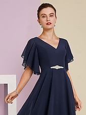 preiswerte Bodenlänge-A-Linien Kleid für die Mutter der Braut Formal Hochzeitsgast Eleganter V-Ausschnitt Tee-Länge Chiffon Spitze Kurzarm mit Applikationen Kristallbrosche 2025 kostenlose Maßanfertigung