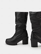 levne Slouch Boots-dámské černé kozačky s mohutným podpatkem a podrážkou – retro kozačky do půlky lýtek z umělé kůže na podzim a zimu