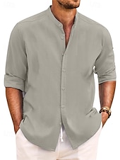 economico Classico-Per uomo Camicia Camicia con colletto a fascia Camicia estiva Abbigliamento mare Maglietta informale Camicia con bottoni Liscio Da mare Informale Nero Bianco Rosa Verde Manica lunga A fascia