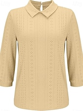 abordables Hauts en dentelle-chemisier femme élégant moderne évider manches 3/4 hauts réguliers col chemise travail quotidien jaune bleu ciel bleu vert printemps automne