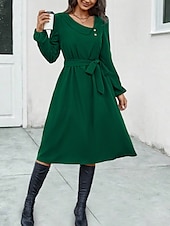 preiswerte Kleider für die Arbeit-Elegantes Midikleid für Damen in Dunkelgrün, lange Ärmel, mit Gürtel, V-Ausschnitt, Knopfdetail, lässige A-Linie, fließend, vielseitig einsetzbar, Herbst/Frühlings-Kleidung