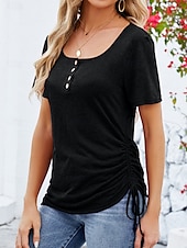 billige Plain t-skjorte-Dame T skjorte عادي Mote Moderne Fritid Kortermet Firkantet hals Vanlige topper Daglig Helg Knapper Svart Rosa Vin Sommer