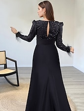 levne černý-A-Linie flitrové večerní šaty elegantní šaty formální dlouhá délka dlouhý rukáv iluzorní výstřih šampaňské matka nevěsty šaty s peřím perly přídavný sukně maskovací šaty