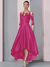 ieftine Lungimea ceaiului-Rochie A-Line pentru mama miresei Rochie elegantă pentru invitați în stil înalt și jos gât rotund asimetrică lungime ceai din satin dantelă mânecă 3/4 cu pliseuri broderie 2025 mărime personalizată