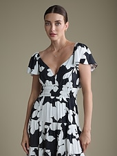 preiswerte Lässiges Kleid mit Aufdruck-Geblümtes Kleid aus Tencel-Mischung mit elastischem Bund und V-Ausschnitt