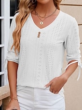 billige Blonder topper-Kvinne Hvit Elegant Blonde Topper Øyelet Bluse Stilig Moderne Ensfarget Knapper Øyelet 3/4 Lengde Ermer V-Utforming Daglig Romantisk Petit Topper Sommerferie Antrekk Hvit Rosa Lilla Grønn Sommer Vår