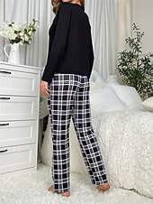 billiga Sovkläder till damer-kvinnors pyjamasset rutnät / rutig bokstav mode komfort hem daglig säng andas rund hals långärmad t-shirt t-shirt byxa resår midja höst vinter hem outfits