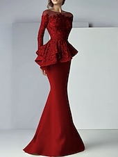 voordelige Vloerlengte-Zeemeermin moeder van de bruid jurk formele bruiloft gast elegante scoop hals vloer lengte kant stretch stof lange mouw met ruffles applicaties 2025 gratis maat op maat