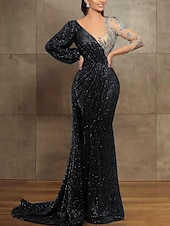 preiswerte GELB-Mermaid Pailletten Abendkleid Elegantes Kleid Formal Hof Zug Langarm Illusionskragen mit Falten Maskeradenkleid