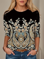 tanie koszulka w kwiaty-Kobiec T-shirt tunika moda casual nadruk długi rękaw regularne topy dekolt zaokrąglony codzienny czarny biały niebieski fioletowy zielony wiosna jesień