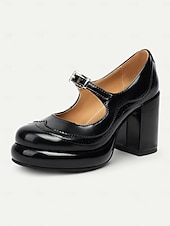 cheap 1950s-Women&#039;s Brown Patent Leather Mary Jane Block Heel Pumps with Brogue Detailing - Vintage-Inspired Dress Shoes for Office and Evening Wear