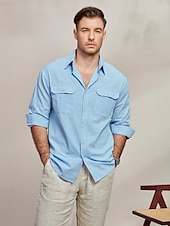 preiswerte Herren Elite Hemden-Herren Hemd Hemd aus Baumwollleinen Sommerhemd Strandbekleidung Lässiges Hemd Knopfhemd Glatt Casual Täglich Blau Langarm Kargen Frühling Sommer Bekleidung Tasche