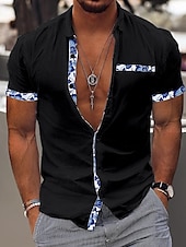 cheap Vacation-Men&#039;s Shirt Linen Shirt Summer Shirt Beach Wear Casual Shirt Button Up Shirt Color Block Vacation Curise Black White Pink Navy Blue Short Sleeve Lapel Summer Clothing Apparel Patchwork