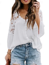 cheap Lace Tops-Women&#039;s White Elegant Lace Tops Eyelet Blouse Stylish Modern Lace Bell Sleeve 3/4 Length Sleeve V Neck Work Daily Black White Purple Green Spring Fall