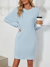 billiga midi svart klänning-Dam Arbetsklänning Skiftklänning Mode Kontor Mini klänning Ficka Rund hals Långärmad Slät Lös passning Svart Rodnande Rosa Himmelsblå Sommar Vår S M L XL 2XL