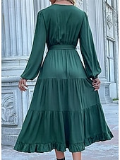 abordables Robes de travail-Robe unie Femme Robe Maxi Lacet Ruché Plein Air Rendez-vous Décontractées Col V manche longue Ample Bleu Orange Vert S M L XL