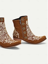 tanie Kowboj i zachodnie buty-damskie brązowe haftowane botki w stylu western z ćwiekami - idealne na nieformalne wyjścia i imprezy rodeo