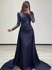 cheap CHAMPAGNE-Mermaid Sequin Evening Gown Ruched Champagne Satin Dress Long Sleeves Masquerade Floor Length Illusion Neck with Pearls Overskirt dress 2025