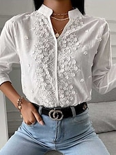 abordables Hauts en dentelle-Blouses Éléguantes en Dentelle Blanche pour Femmes Top en Dentelle à Oeillets Stylé Moderne Couleur Unie Manches Longues Col Montant Brodé Découpé Ajustement Normal Travail Quotidien Romantique