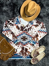 tanie T-shirt boho-damska koszulka vintage etniczny nadruk długi rękaw regularny top dekolt w serek wakacje weekend niebieski wiosna jesień