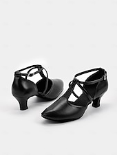 economico Scarpe per balli latini-scarpe da ballo in similpelle nera con cinturino incrociato – comode scarpe col tacco da ballo latino e da sala da ballo da donna